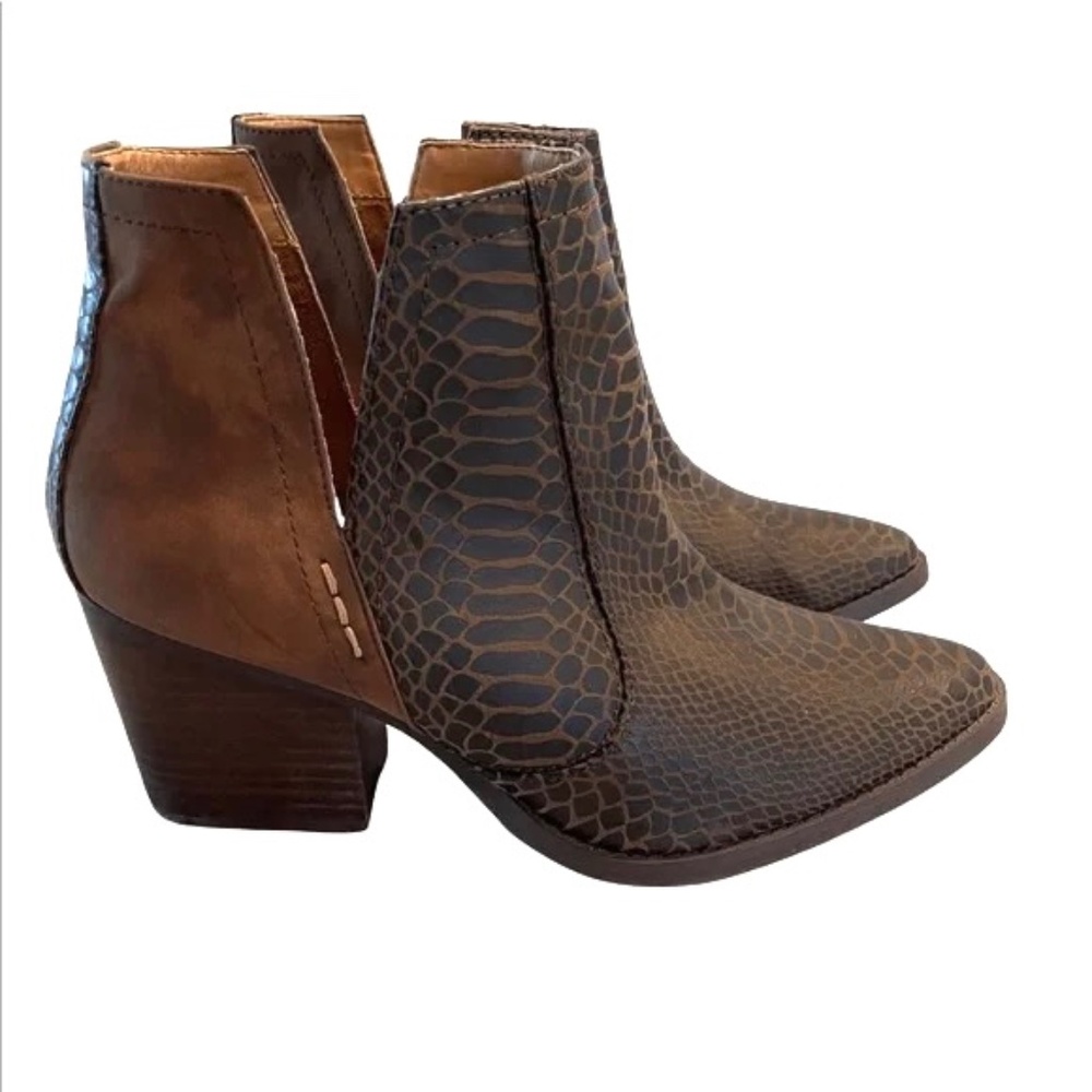 LAURA MARANO Tarim Brown Snakeprint Booties Slip On Block Heel